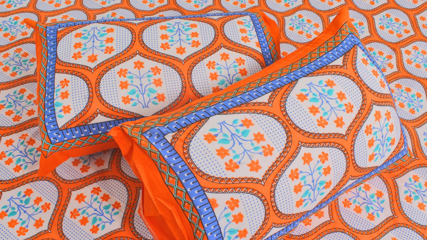 Orange & Blue Ethnic Cotton Printed Double Bedsheet 90 X 100 Inches with 2 Pillow Covers