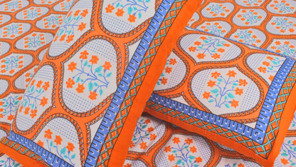 Orange & Blue Ethnic Cotton Printed Double Bedsheet 90 X 100 Inches with 2 Pillow Covers