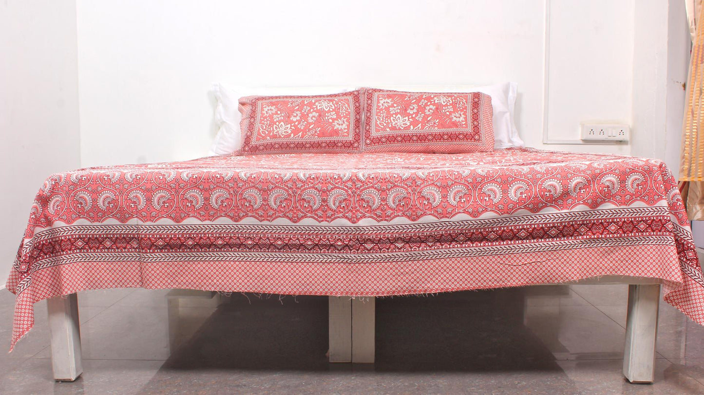 Pink Ethnic Floral Cotton Printed Double Bedsheet 90 X 100 Inches with 2 Pillow Covers