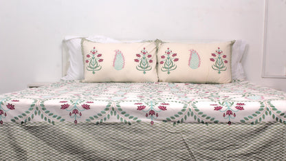 Green Leaf Hand Printed King Size Bedsheet 108 x 108 Inches with 2 Pillow Covers