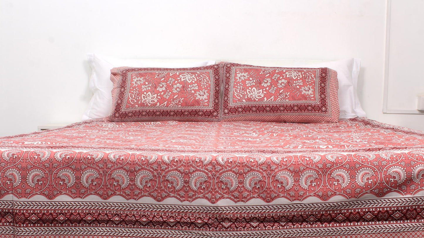 Pink Ethnic Floral Cotton Printed Double Bedsheet 90 X 100 Inches with 2 Pillow Covers