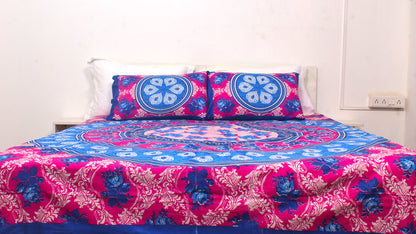 Blue Floral Print Double Bedsheet 90 X 100 Inches with 2 Pillow Covers