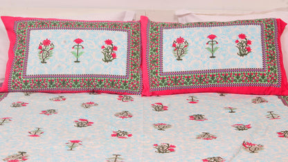 Blue & Pink Floral Printed King Size Double Bedsheet 93 X 108 Inches with 2 Pillow Covers