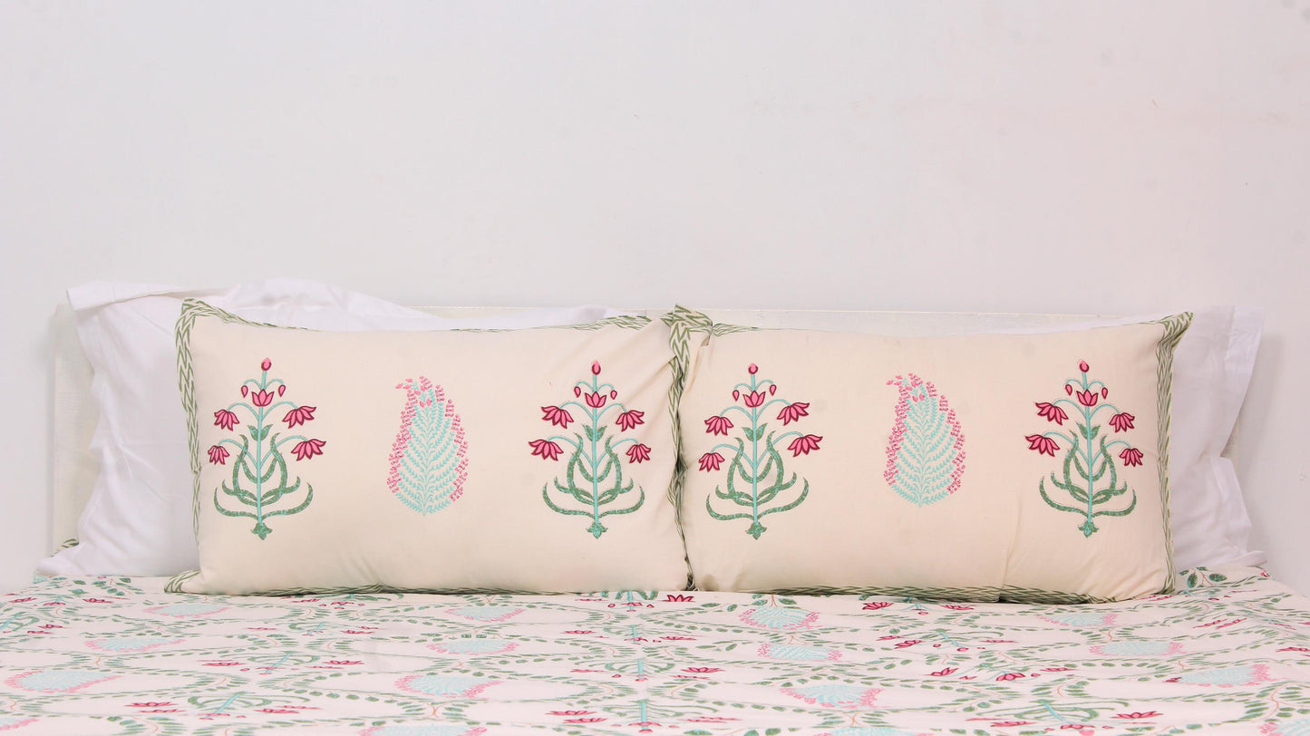 Green Leaf Hand Printed King Size Bedsheet 108 x 108 Inches with 2 Pillow Covers