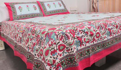 Blue & Pink Floral Printed King Size Double Bedsheet 93 X 108 Inches with 2 Pillow Covers