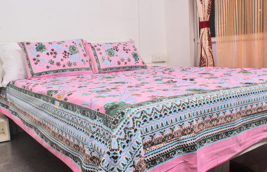 Pink Floral Borderd Printed King Size Double Bedsheet 93 x 108 Inches with 2 Pillow Covers