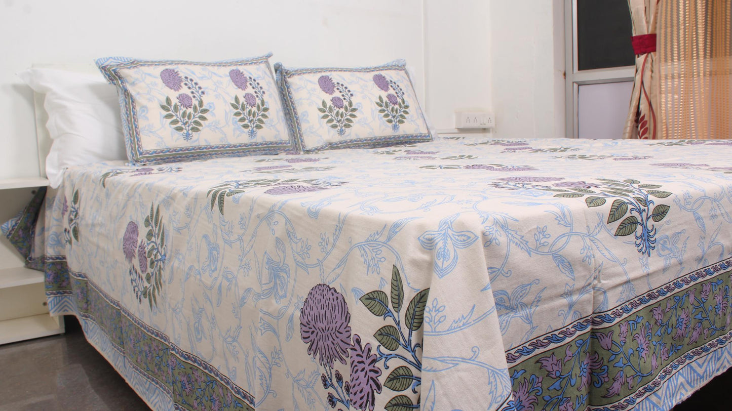 Sandal & Floral Borderd Printed King Size Bedsheet 108 x 108 Inches with 2 Pillow Covers