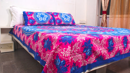 Blue Floral Print Double Bedsheet 90 X 100 Inches with 2 Pillow Covers