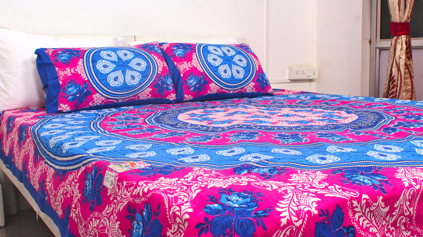 Blue Floral Print Double Bedsheet 90 X 100 Inches with 2 Pillow Covers