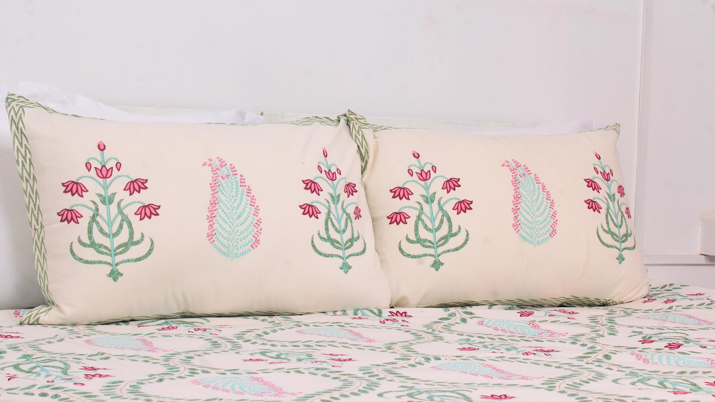 Green Leaf Hand Printed King Size Bedsheet 108 x 108 Inches with 2 Pillow Covers