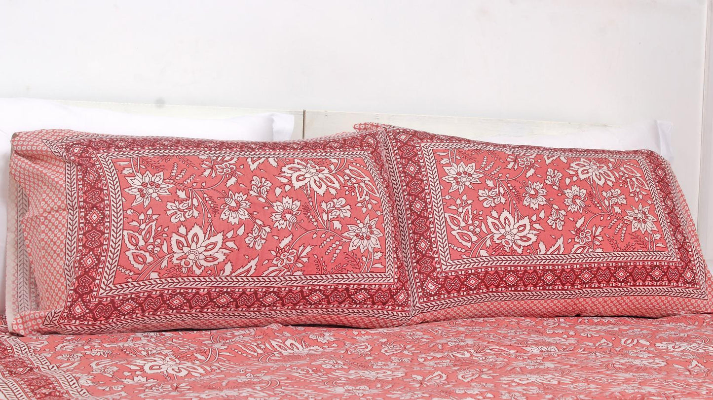 Pink Ethnic Floral Cotton Printed Double Bedsheet 90 X 100 Inches with 2 Pillow Covers