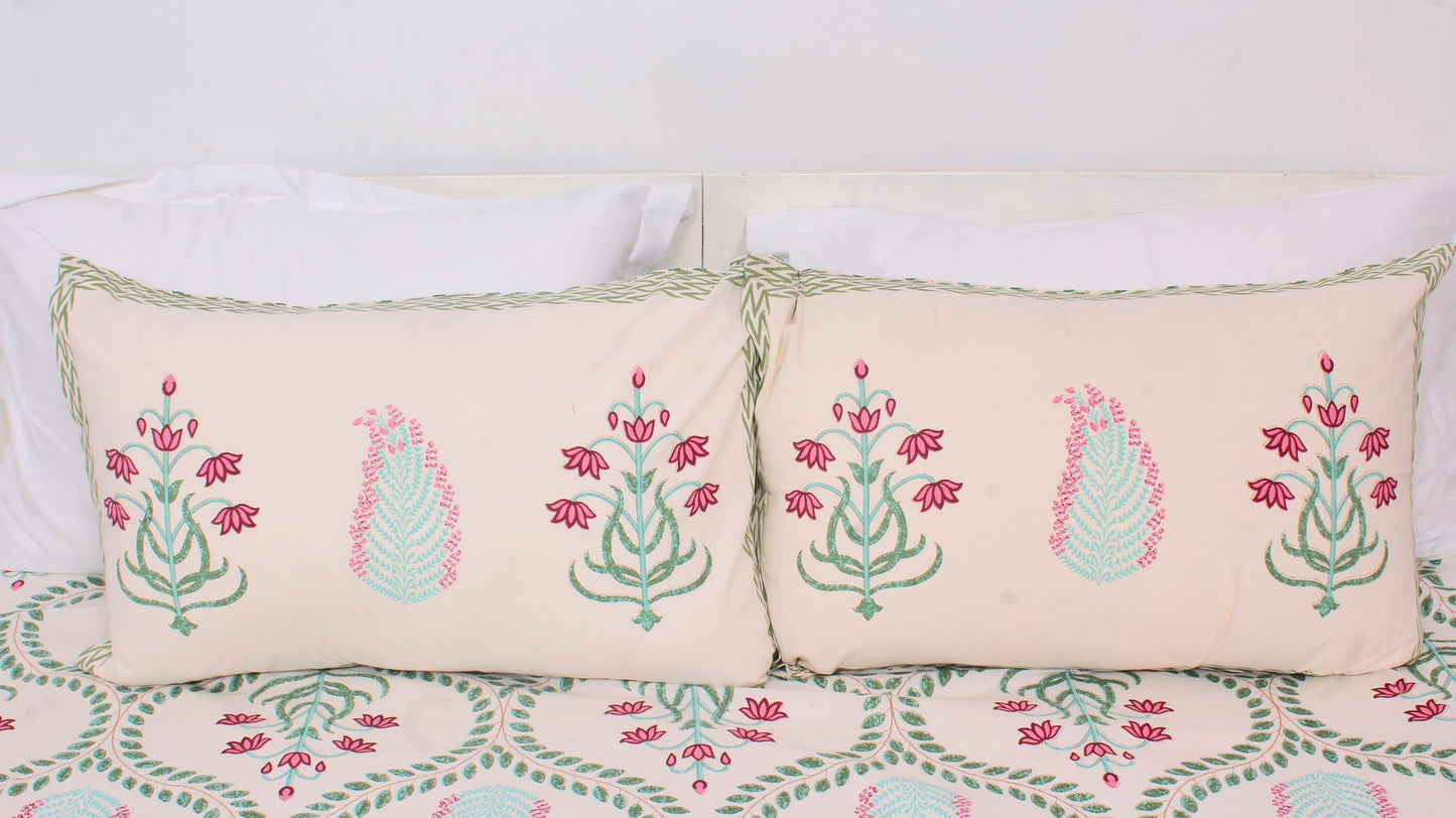 Green Leaf Hand Printed King Size Bedsheet 108 x 108 Inches with 2 Pillow Covers