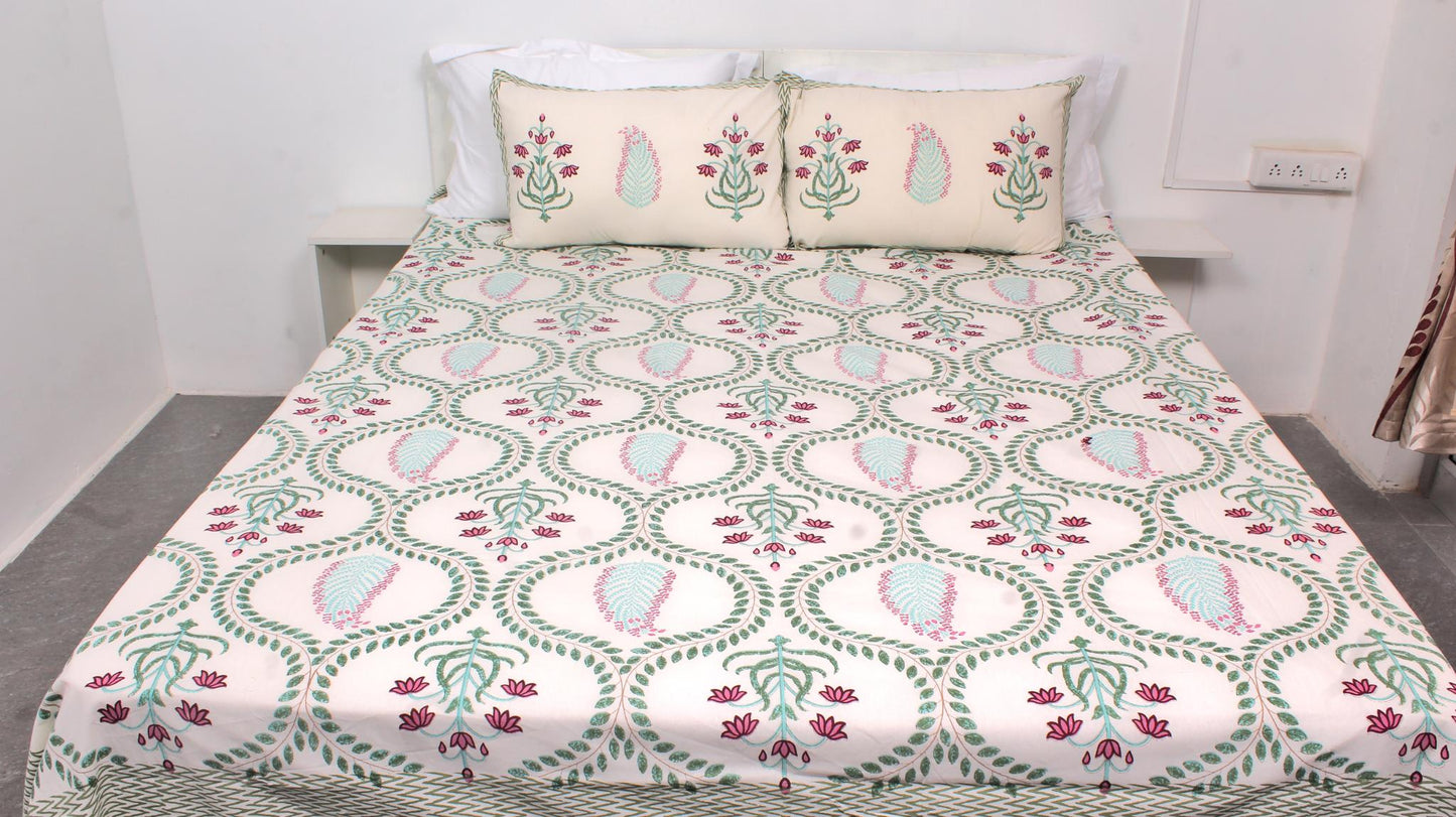 Green Leaf Hand Printed King Size Bedsheet 108 x 108 Inches with 2 Pillow Covers