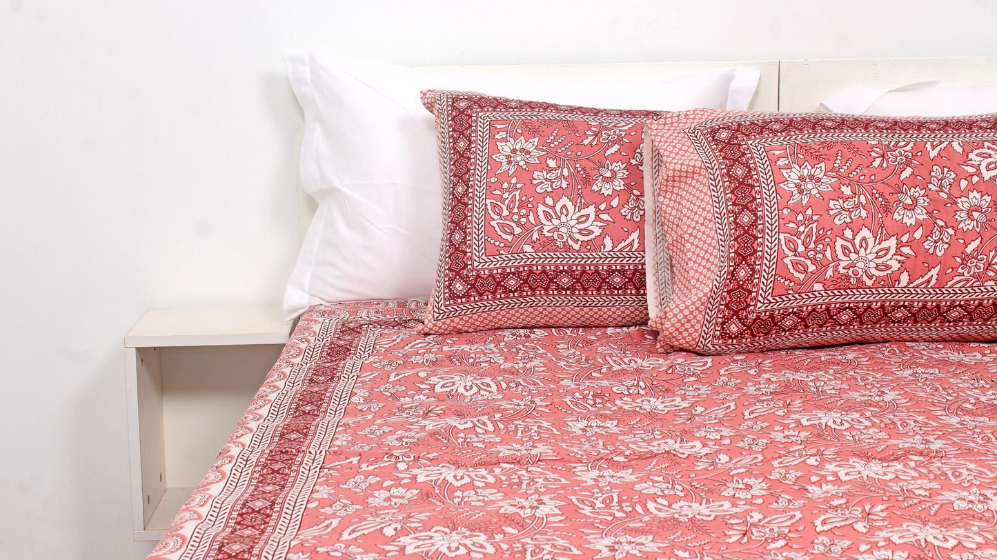 Pink Ethnic Floral Cotton Printed Double Bedsheet 90 X 100 Inches with 2 Pillow Covers