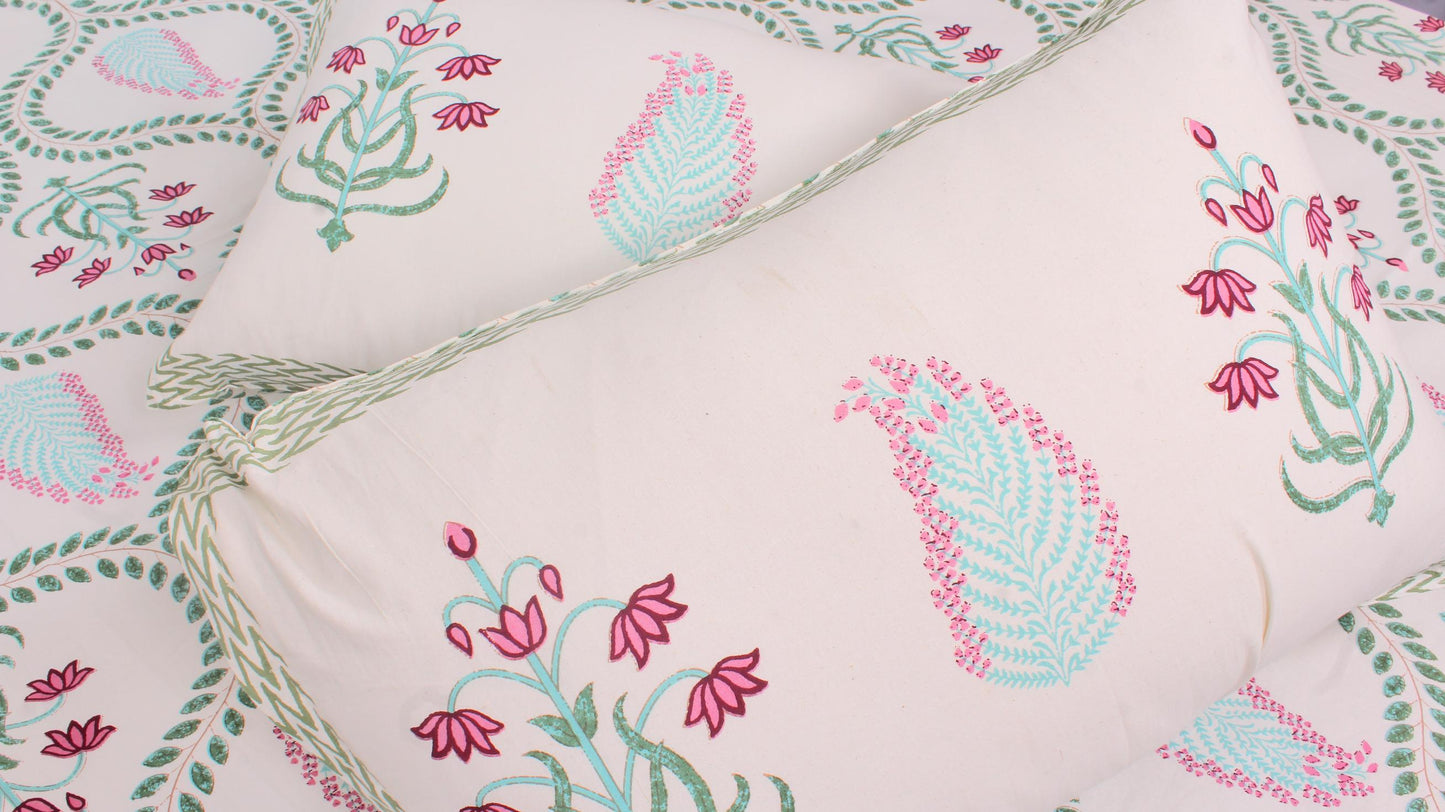 Green Leaf Hand Printed King Size Bedsheet 108 x 108 Inches with 2 Pillow Covers