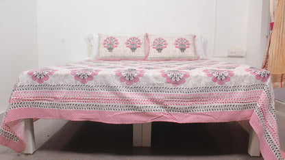 Grey & Pink Floral Borderd Printed King Size Bedsheet 108 x 108 Inches with 2 Pillow Covers