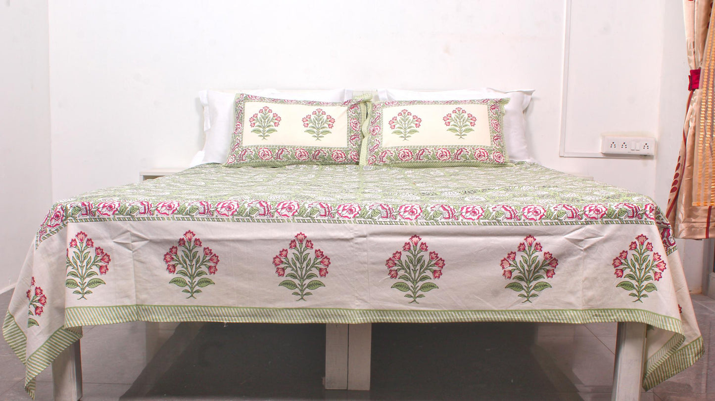 Green Floral Forest Hand Printed King Size Bedsheet 108 x 108 Inches with 2 Pillow Covers