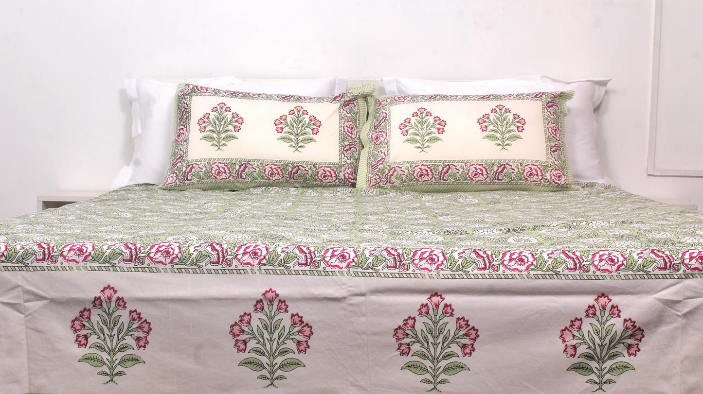 Green Floral Forest Hand Printed King Size Bedsheet 108 x 108 Inches with 2 Pillow Covers