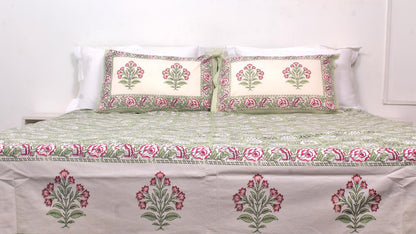 Green Floral Forest Hand Printed King Size Bedsheet 108 x 108 Inches with 2 Pillow Covers