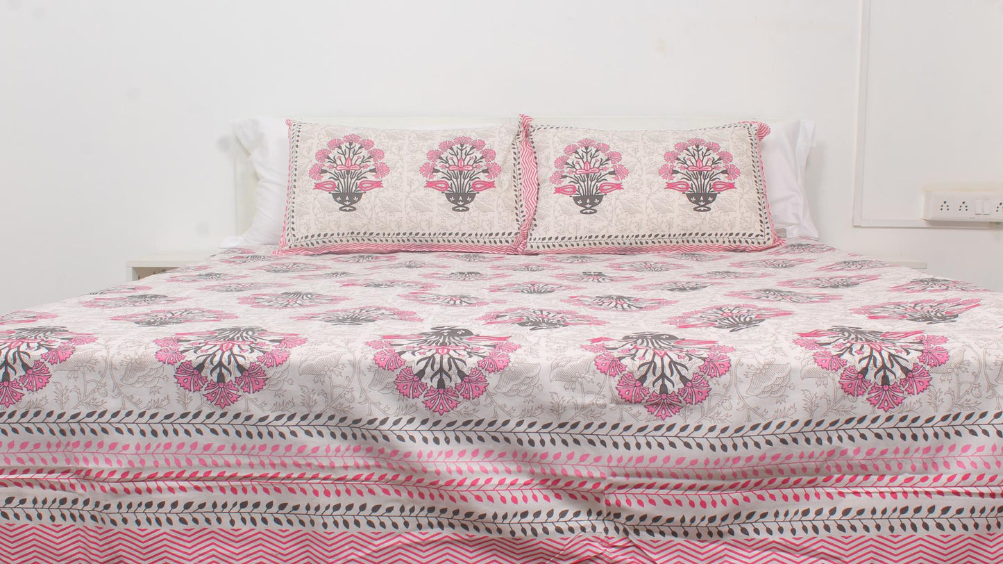 Grey & Pink Floral Borderd Printed King Size Bedsheet 108 x 108 Inches with 2 Pillow Covers