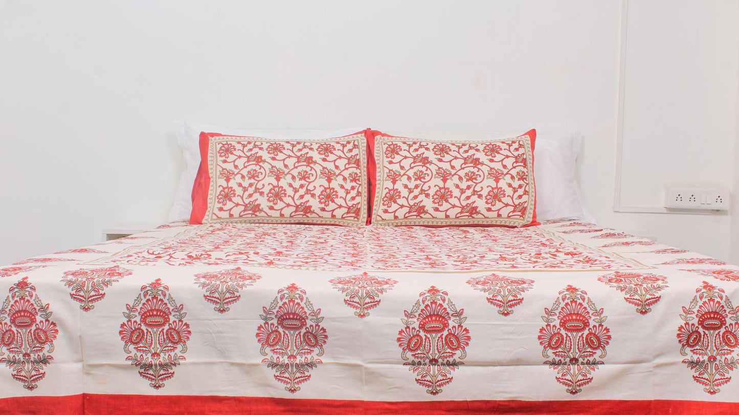 Red & White Floral Cotton Printed Double Bedsheet 90 X 100 Inches with 2 Pillow Covers