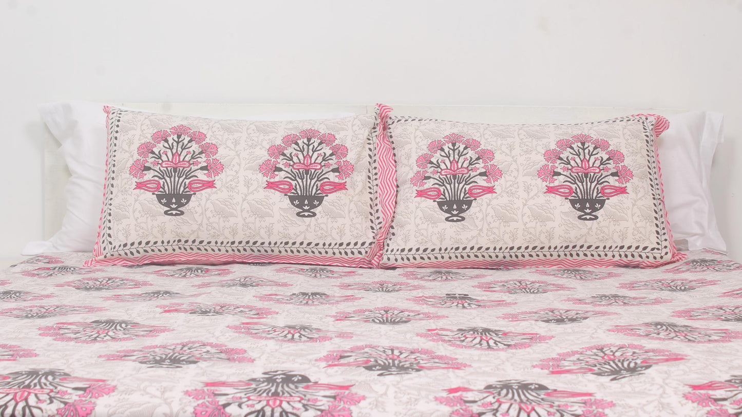 Grey & Pink Floral Borderd Printed King Size Bedsheet 108 x 108 Inches with 2 Pillow Covers