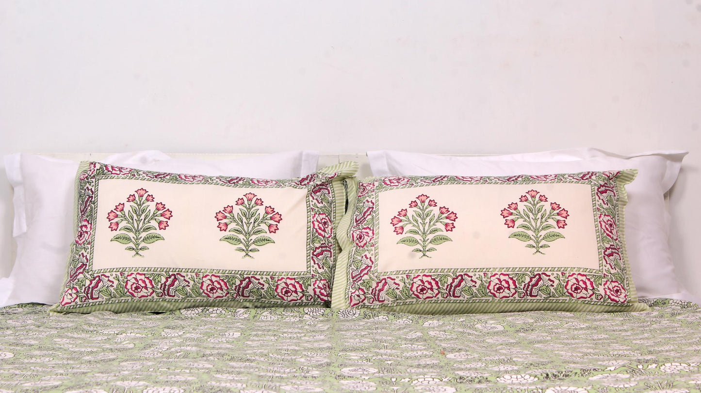 Green Floral Forest Hand Printed King Size Bedsheet 108 x 108 Inches with 2 Pillow Covers