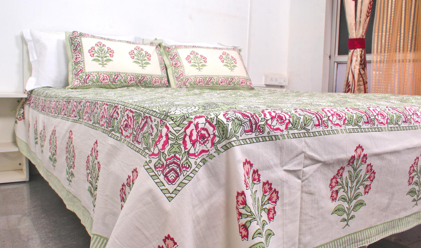 Green Floral Forest Hand Printed King Size Bedsheet 108 x 108 Inches with 2 Pillow Covers