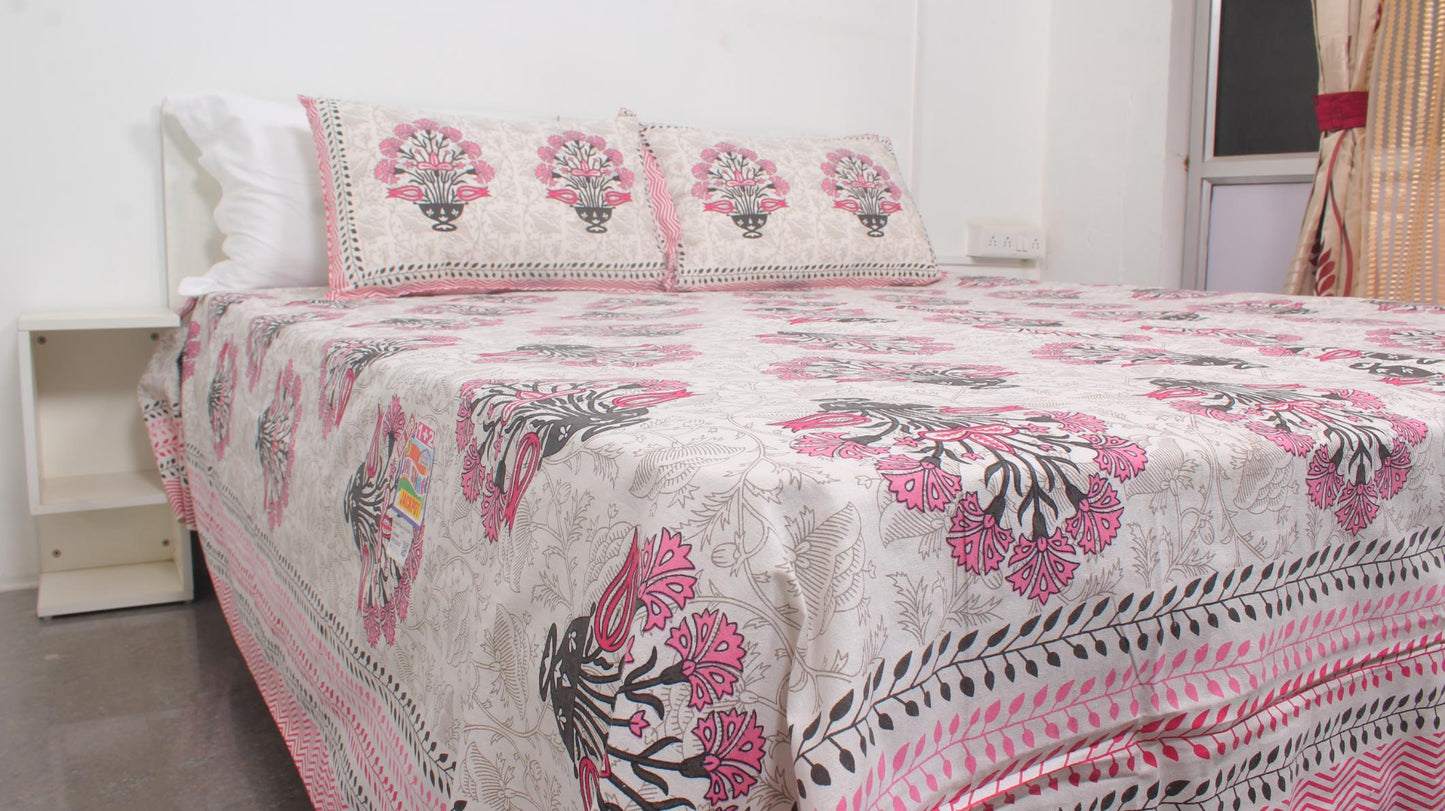 Grey & Pink Floral Borderd Printed King Size Bedsheet 108 x 108 Inches with 2 Pillow Covers