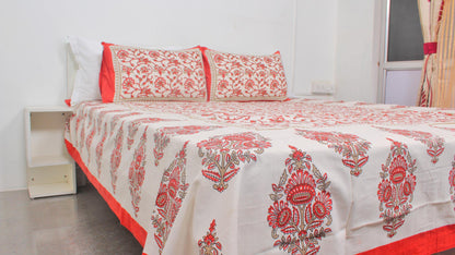 Red & White Floral Cotton Printed Double Bedsheet 90 X 100 Inches with 2 Pillow Covers