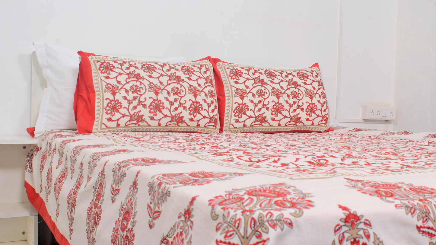 Red & White Floral Cotton Printed Double Bedsheet 90 X 100 Inches with 2 Pillow Covers