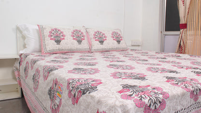 Grey & Pink Floral Borderd Printed King Size Bedsheet 108 x 108 Inches with 2 Pillow Covers