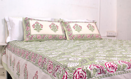 Green Floral Forest Hand Printed King Size Bedsheet 108 x 108 Inches with 2 Pillow Covers