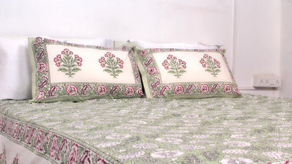 Green Floral Forest Hand Printed King Size Bedsheet 108 x 108 Inches with 2 Pillow Covers