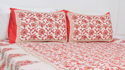 Red & White Floral Cotton Printed Double Bedsheet 90 X 100 Inches with 2 Pillow Covers