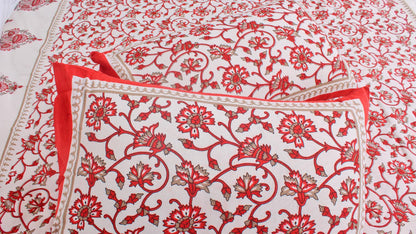 Red & White Floral Cotton Printed Double Bedsheet 90 X 100 Inches with 2 Pillow Covers