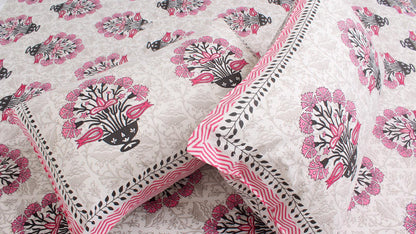 Grey & Pink Floral Borderd Printed King Size Bedsheet 108 x 108 Inches with 2 Pillow Covers