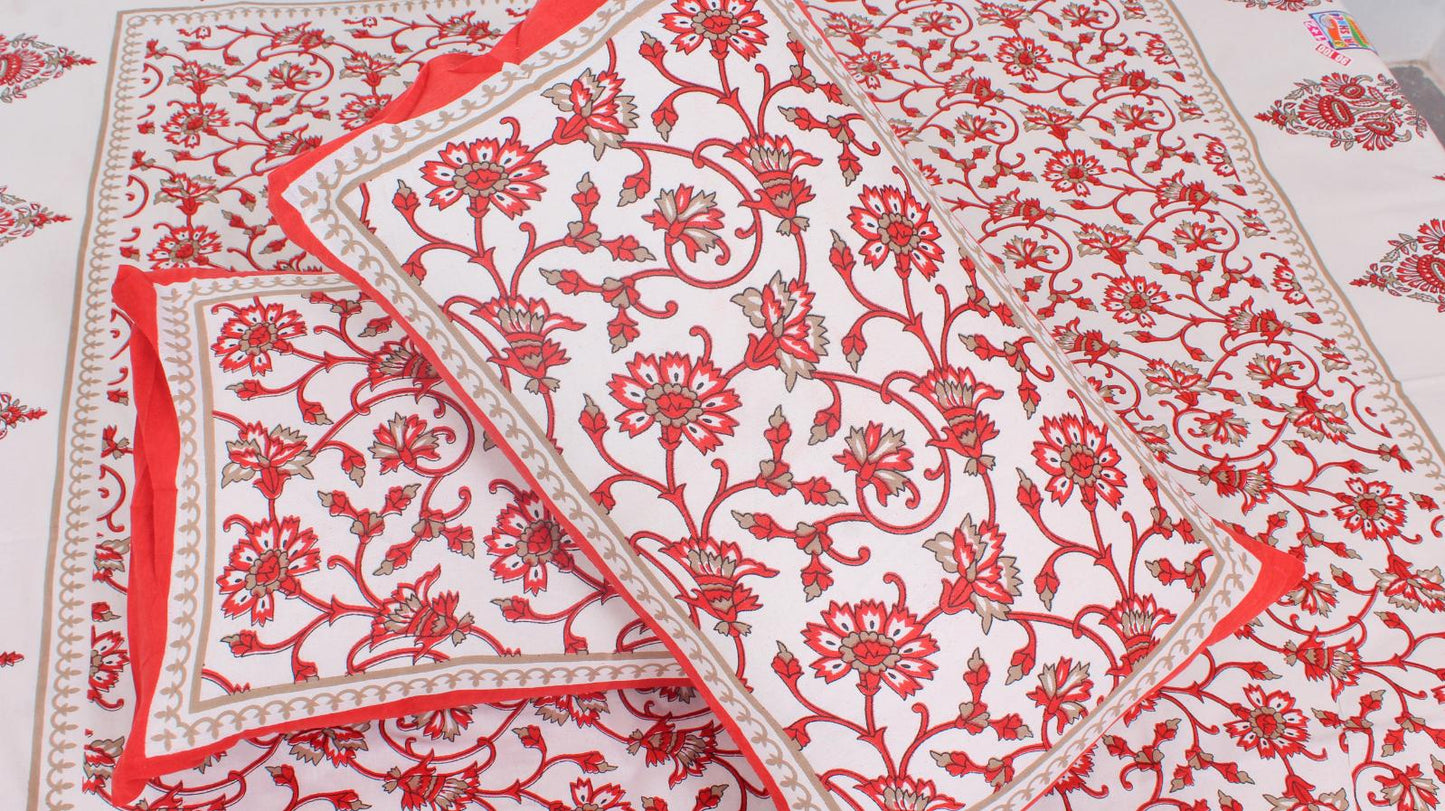 Red & White Floral Cotton Printed Double Bedsheet 90 X 100 Inches with 2 Pillow Covers