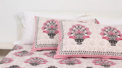 Grey & Pink Floral Borderd Printed King Size Bedsheet 108 x 108 Inches with 2 Pillow Covers