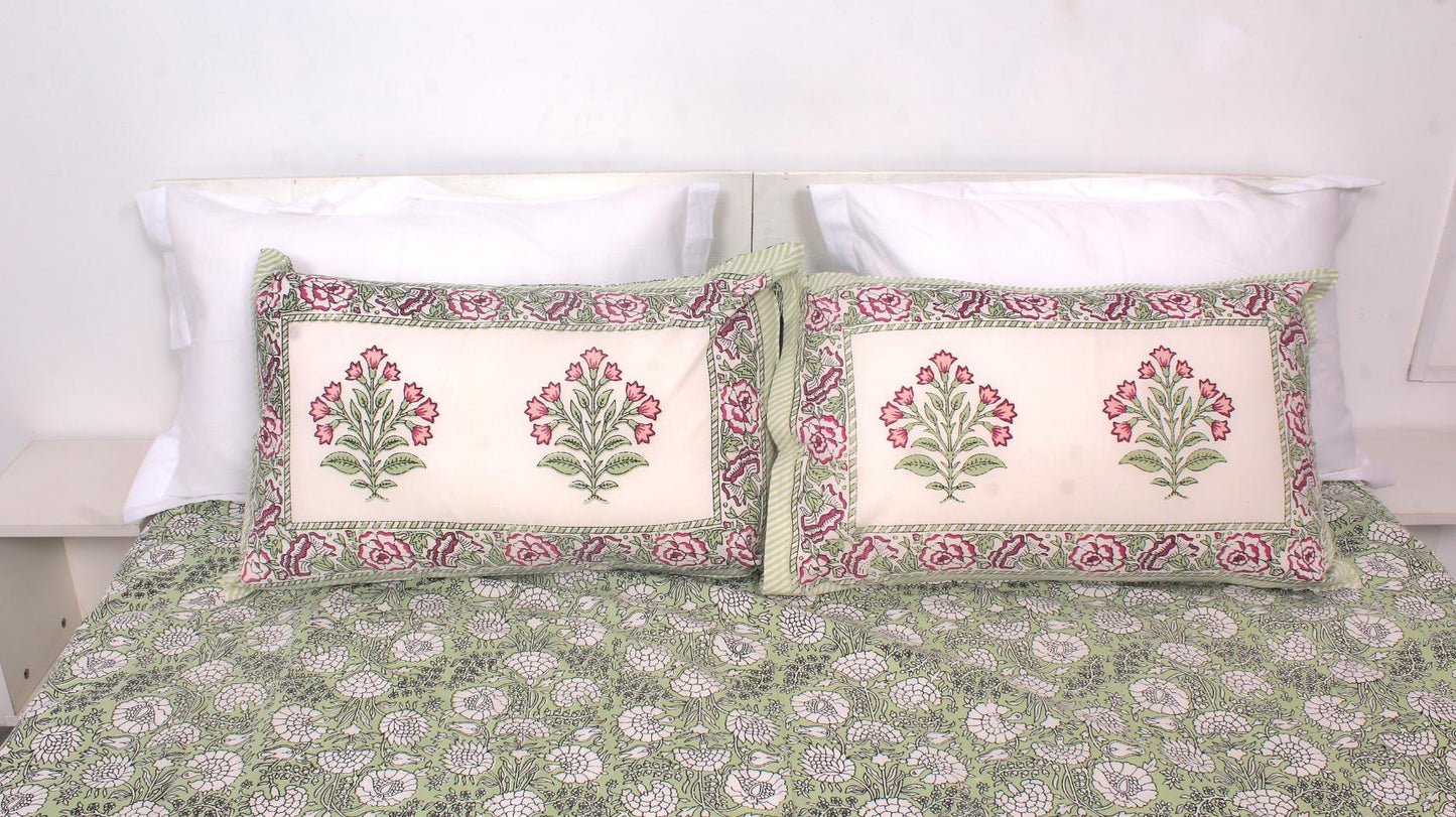 Green Floral Forest Hand Printed King Size Bedsheet 108 x 108 Inches with 2 Pillow Covers