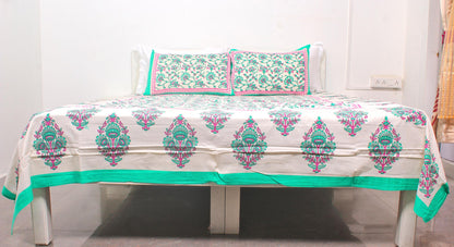 Floral Pastel Green Cotton Printed Double Bedsheet 90 X 100 Inches with 2 Pillow Covers