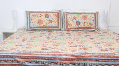 Brown Flower Motif Borderd Printed King Size Double Bedsheet 93 x 108 Inches with 2 Pillow Covers