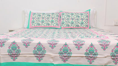 Floral Pastel Green Cotton Printed Double Bedsheet 90 X 100 Inches with 2 Pillow Covers