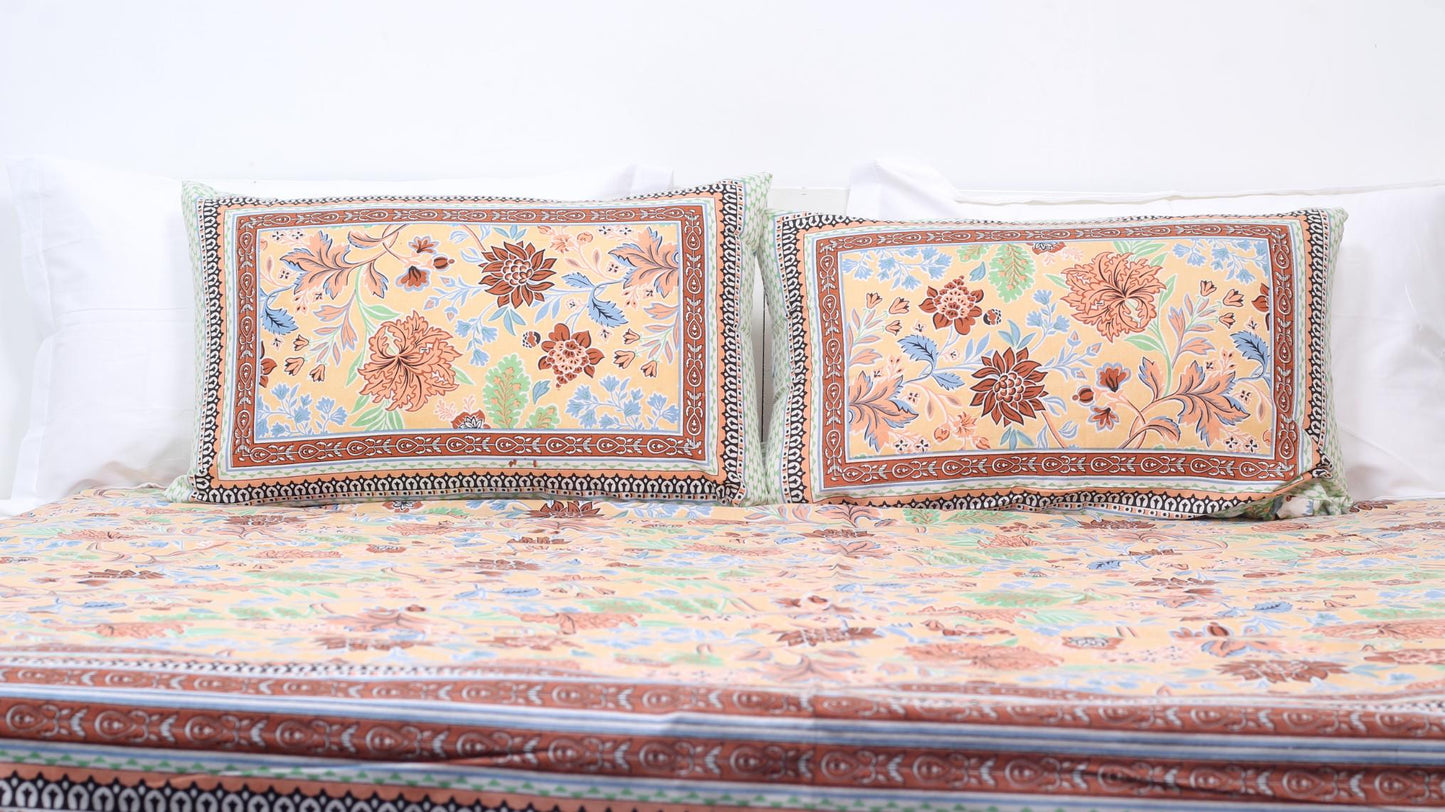 Brown Flower Motif Borderd Printed King Size Double Bedsheet 93 x 108 Inches with 2 Pillow Covers