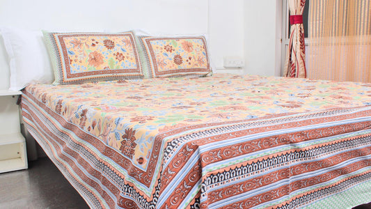 Brown Flower Motif Borderd Printed King Size Double Bedsheet 93 x 108 Inches with 2 Pillow Covers