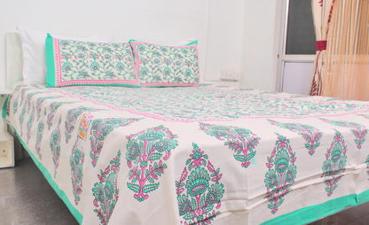 Floral Pastel Green Cotton Printed Double Bedsheet 90 X 100 Inches with 2 Pillow Covers