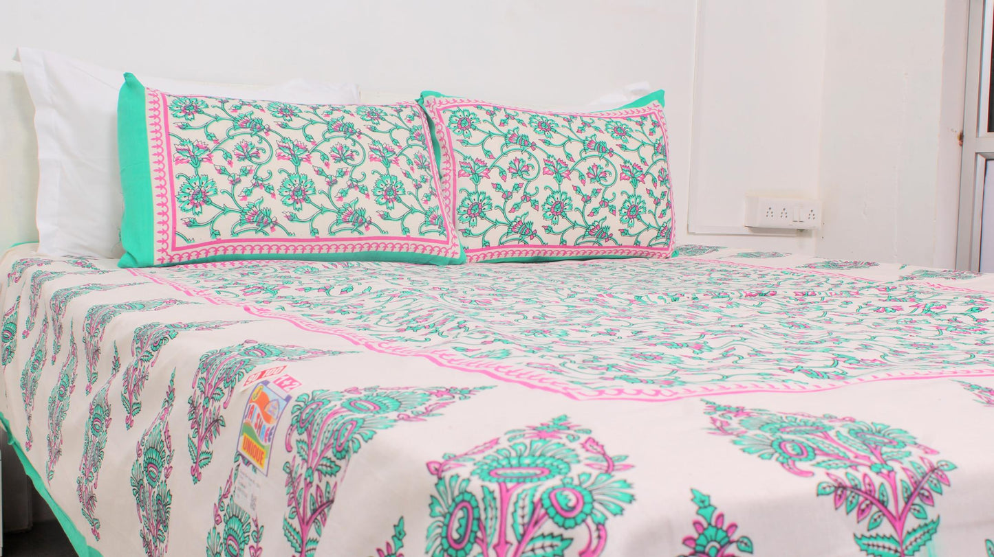 Floral Pastel Green Cotton Printed Double Bedsheet 90 X 100 Inches with 2 Pillow Covers