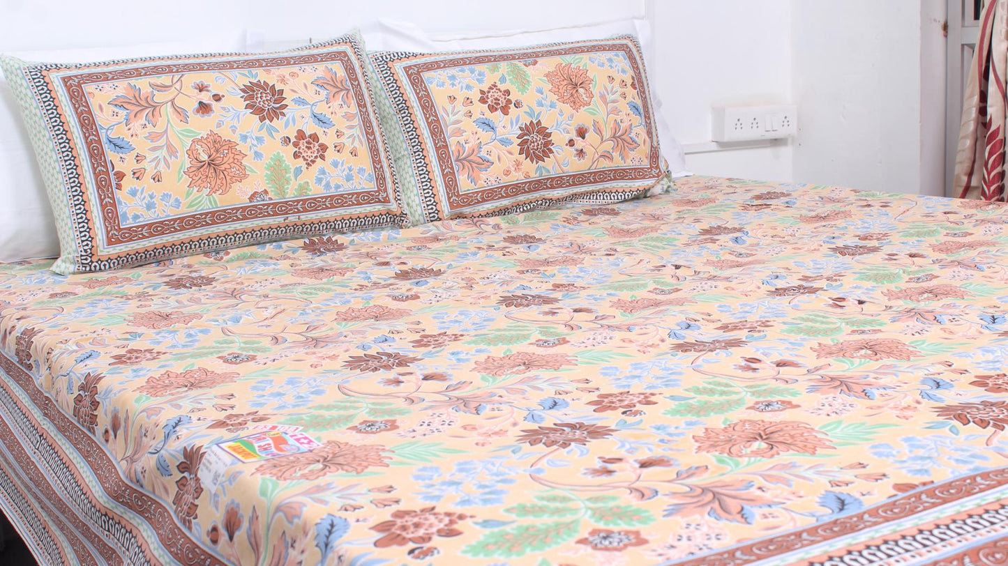 Brown Flower Motif Borderd Printed King Size Double Bedsheet 93 x 108 Inches with 2 Pillow Covers