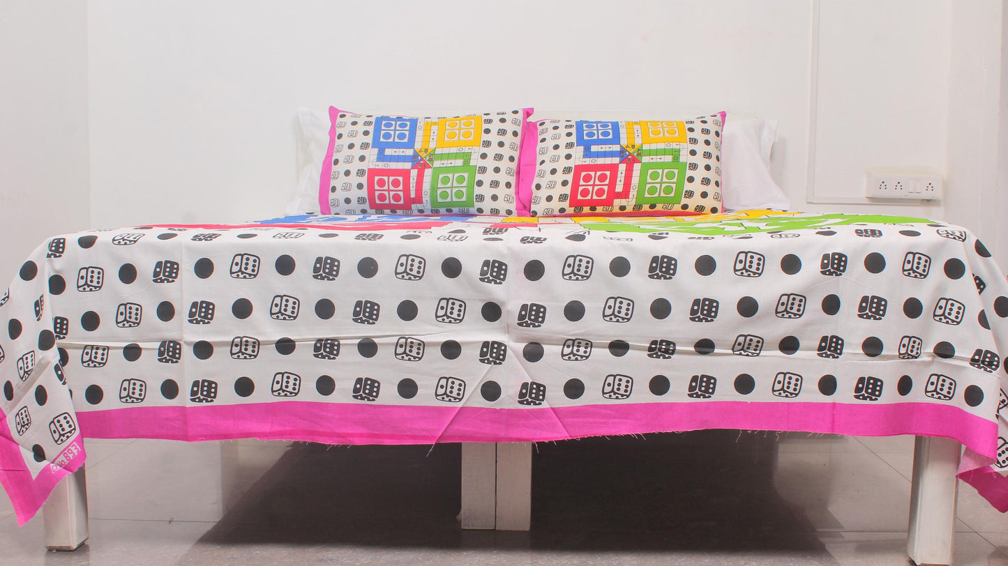 Ludo Print Cotton Printed Double Bedsheet 90 X 100 Inches with 2 Pillow Covers