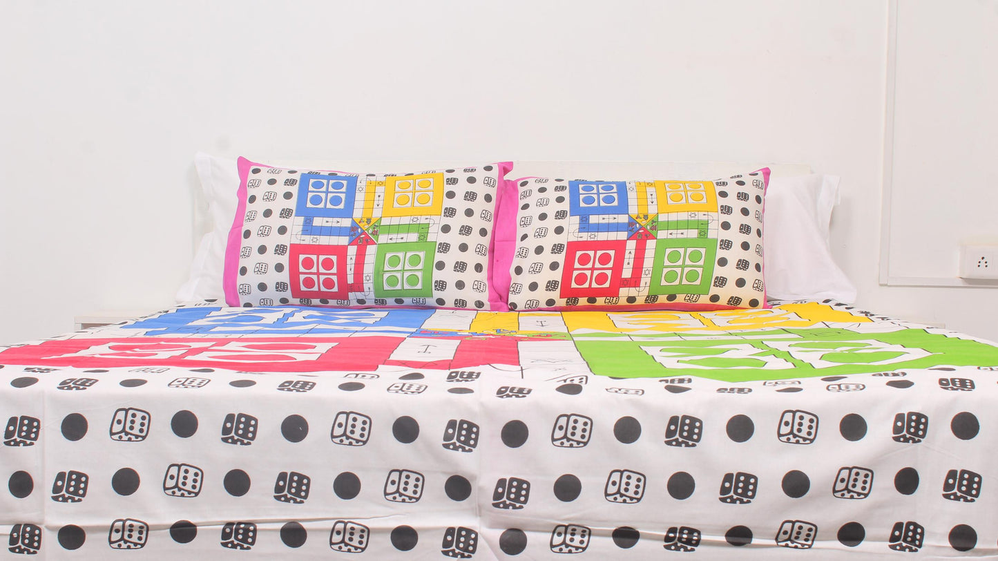 Ludo Print Cotton Printed Double Bedsheet 90 X 100 Inches with 2 Pillow Covers